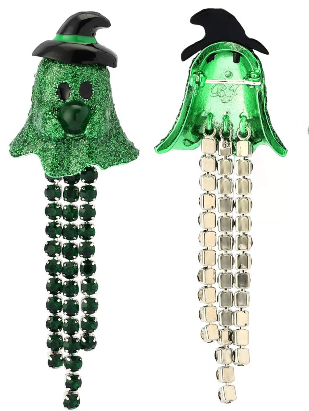 BETSEY JOHNSON BROOCH CRYSTAL HALLOWEEN WITCH GHOST FRINGE GREEN